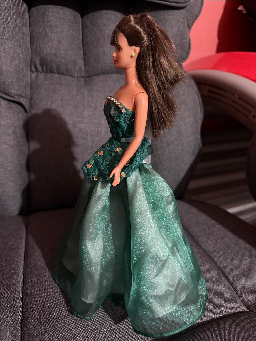 BeautifulBrunette Barbie Doll in gorgeous, sparkling Green Sequin Lace Ball Gown - Picture 4 of 8